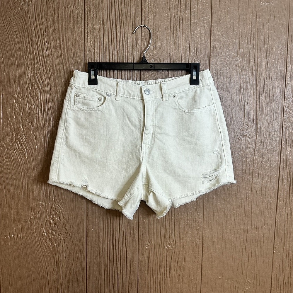 Aerie Denim Shorts Ivory Sz M High Rise Stretch Distressed Hem Beachy Vacation
